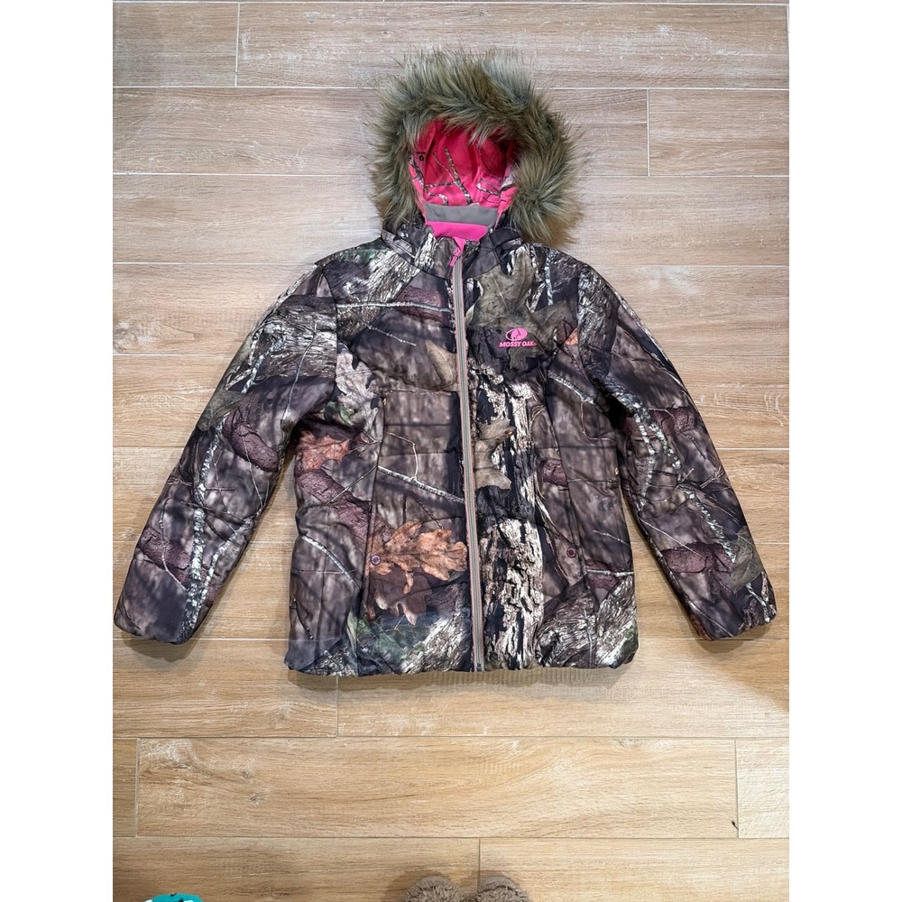 Mossy Oak Womens Camo Puffer Jacket Faux Fur Hood Pink Accents TKF-W4357MO Large